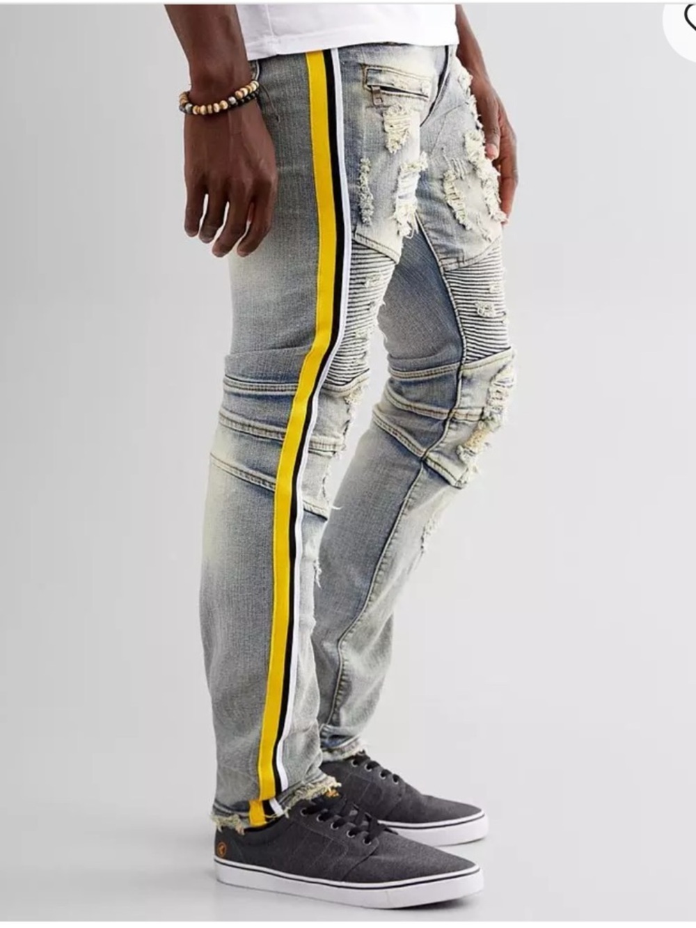 Preme Y2K Moto biker distressed skinny jeans with side stripe cyber streetwear